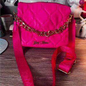 Betsey Johnson Hot Pink Quilted Crossbody with Gold Chain